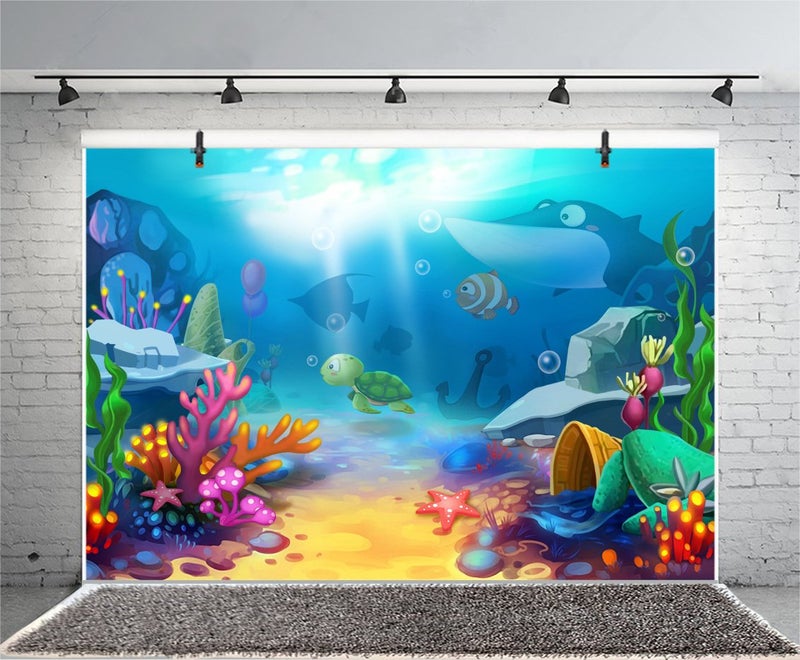 LFEEY 10x8ft Under The Sea Backdrop for Photoshoot Underwater World Theme Party Underwater Fishes Seabed Wonderland Background Kids Baby Shower Birthday Party Decor Newborn Portrait Photo Booth Props - Image 3